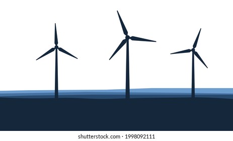 Turbinas eólicas sobre el fondo del campo. Estación ecológica. Concepto de energía eólica. Estilo plano. Ilustración vectorial.
