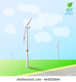  Wind turbines on the background of field and road. Vector illustration