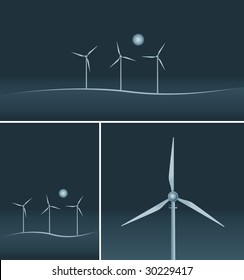 Windturbinen auf schwarzem Hintergrund.Vektorillustration-Illustrationssatz.