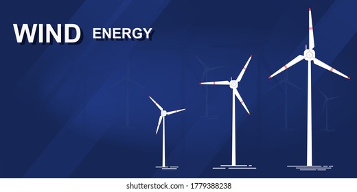 Wind turbines on a blue abstract background. Web banner with place for text. Vector illustration
