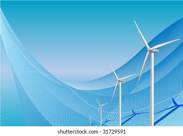 Wind turbines on blue background