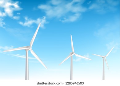 Wind turbines on cloudy blue sky background realistic vector illustration. Renewable clean energy source. Electricity generation technology. Sustainable development, environment protection. Wind farm