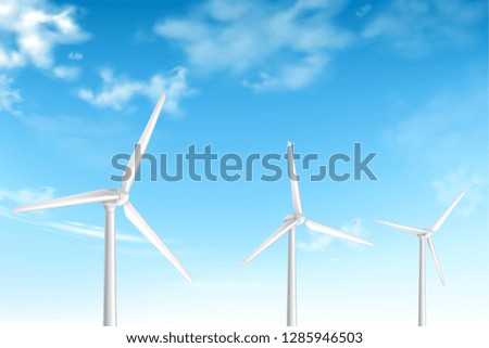Wind turbines on cloudy blue sky background realistic vector illustration. Renewable clean energy source. Electricity generation technology. Sustainable development, environment protection. Wind farm