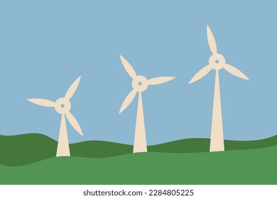 Wind turbines on the field. Green energy. Ecology concept. Vector flat illustration of power stations