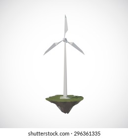 Wind turbines on floating island, low poly style.