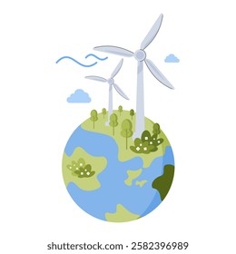 Wind turbines on a globe, symbolizing global efforts towards renewable energy and sustainability for eco-friendly solutions and clean energy.