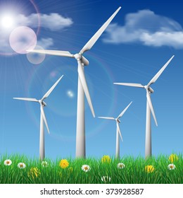 Wind turbines on a grass field. Ecology concept vector illustration.
