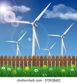 Wind turbines on a grass field behind a wooden fence. Ecology concept vector illustration.