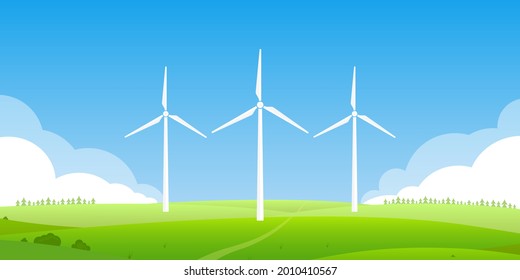 Wind turbines on a green field. Nature landscape with windmills. Renewable energy generation with wind power. Vector illustration.
