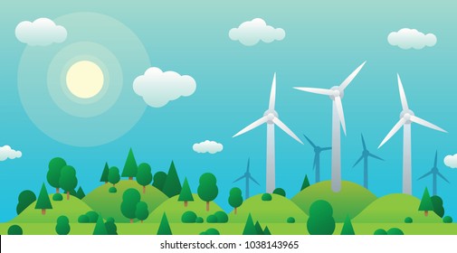 Wind turbines on green hill and summer green forest on background clear blue sky vector image. Modern energy windmill in summer forest vector illustration landscape