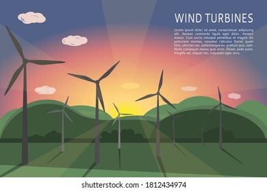 Wind turbines on a green landscape against the backdrop of sunset, dawn. Renewable wind energy sources. Vector illustration, flat style. space for text