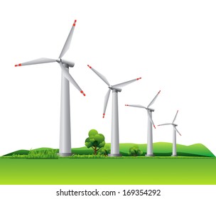 Wind turbines on a green meadow producing electricity with white sky