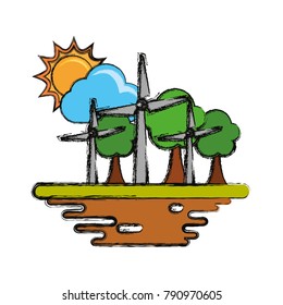 Wind turbines on ground cartoon