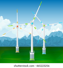 Wind Turbines on the Ground, Horizontal Axis Wind Turbines on a Background of Mountains , Modern Low-Wind Turbine, Vector Illustration