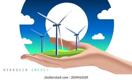 Wind turbines on hand. Green hydrogen: an alternative that reduces emissions and cares for our planet (H2O)