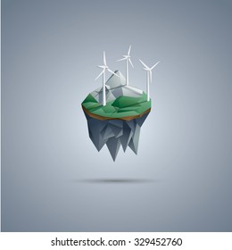 Turbinas eólicas en una isla flotante de polos bajos. Símbolo del entorno de energía renovable en el moderno diseño poligonal. Ilustración vectorial Eps10.