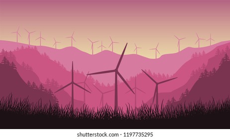 Wind turbines on a mountains background in the forest. A wind farm in a beautiful landscape. Windmill ecological renewable power. Vector green energy concept. File eps10.