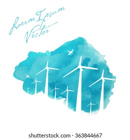 wind turbines on painted watercolor background