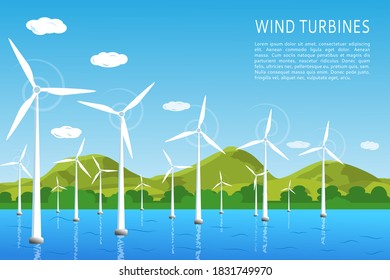 Wind turbines on the water near the seashore, the concept of renewable wind energy. vector illustration, flat style