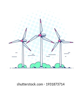 wind turbines on white background, flat style outline concept illustration of renewable wind energy