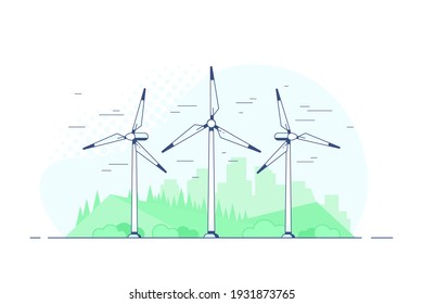 turbinas eólicas sobre fondo blanco, ilustración de concepto de contorno de estilo plano de energía eólica renovable