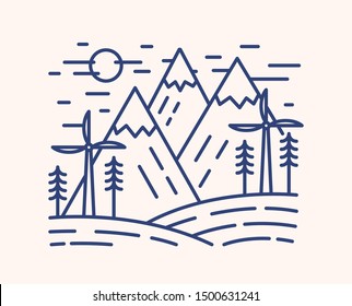 Wind turbines outline vector illustration. Blue linear wind farm isolated on white background. Mountains and windmills monocolor line art signs. Environmentally safe power plant, energy source concept