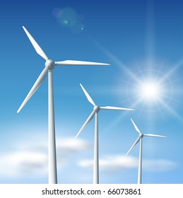 Wind turbines over blue sky with sun, vector illustration.