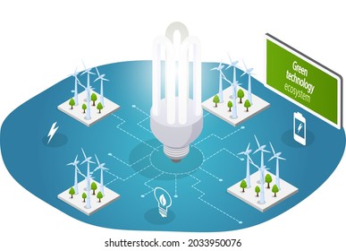 Wind turbines power for clean environmentally friendly renewable alternative energy. Large light bulb lights up from electricity generated by wind farms. Energy production using green technology
