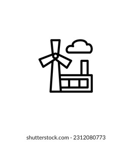 Wind turbines power plant with cloud. Vector line icon black and white with green eco energy theme