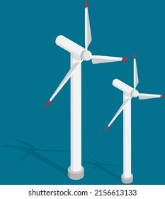 Wind turbines power plant, construction with big propeller. Alternative renewable sustainable wind park power generation, green energy concept. Vector windmill with white vanes, green electricity