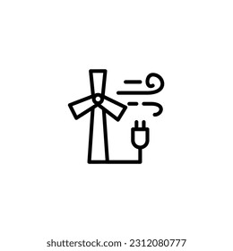 Wind turbines power plant and plug with wind energy. Vector line icon black and white with green eco energy theme