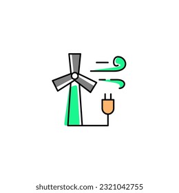 Wind turbines power plant and plug with wind energy. Vector line color icon green and orange with green eco energy theme