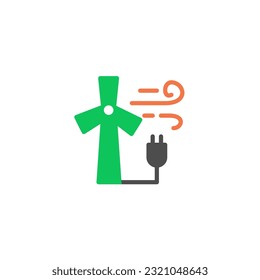 Wind turbines power plant and plug with wind energy. Vector solid color icon green and orange with green eco energy theme