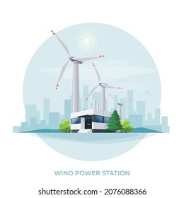 Wind turbines power plant station building factory icon. Renewable sustainable wind park energy generation with sun and city skyline. Isolated vector illustration of windmill farm on white background.