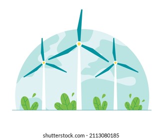 Wind turbines, wind power station. Concept of green energy and renewable energy sources. Flat vector illustration.