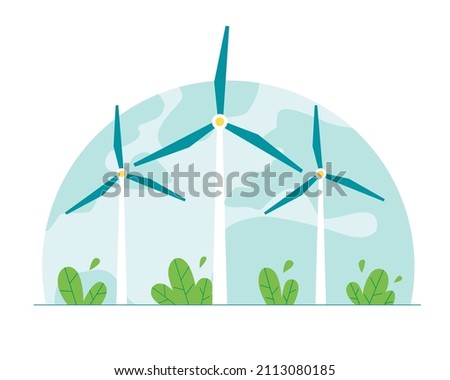 Wind turbines, wind power station. Concept of green energy and renewable energy sources. Flat vector illustration.