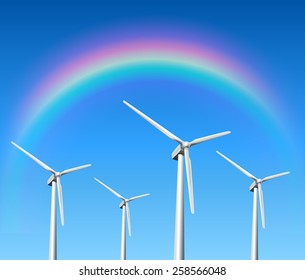 Wind turbines, rainbow over blue sky, vector background.