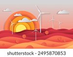 Wind turbines renewable energy landscape sunset windmills colorful layered hills clouds orange yellow gradient background paper cut style