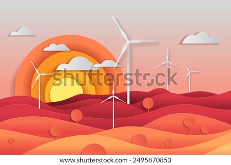 Wind turbines renewable energy landscape sunset windmills colorful layered hills clouds orange yellow gradient background paper cut style