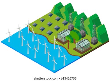 Wind turbines in the river illustration