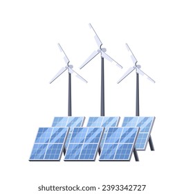 Wind Turbines Rotates and Solar Panels Captures Sunlight. Concept of Clean Energy Generation, Vector Illustration