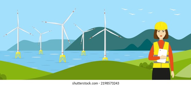 Wind Turbines In The Sea And An Asian Woman Engineer. Wind Towers In The Ocean And A Worker. Offshore Wind Farm Concept. Horizontal Banner Or Poster. Flat Vector Illustration