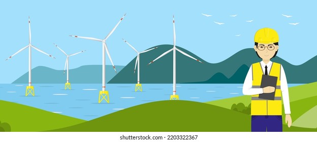 Wind Turbines In The Sea And An Engineer. Wind Towers In The Ocean And A Worker. Offshore Wind Farm Concept. Horizontal Banner Or Poster. Flat Vector Illustration