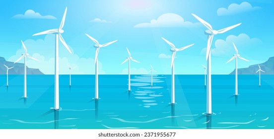 Wind turbines sea landscape. Windmills and turbines at ocean landscape. Alternative sources of energy and sustainable lifestyle. Reducing CO2 into atmosphere. Cartoon flat vector illustration