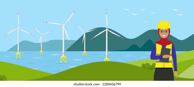 Wind Turbines In The Sea And A Muslim Woman Engineer. Wind Towers In The Ocean And A Worker. Offshore Wind Farm Concept. Horizontal Banner Or Poster. Flat Vector Illustration