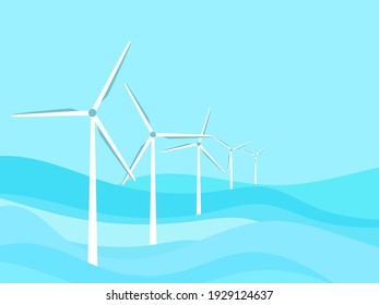 Wind turbines at sea. Offshore wind farm. Renewable green energy, clean production of electricity. Seascape with waves in a flat style. Vector Illustration