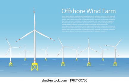 Wind turbines in the sea. Wind towers in the ocean. Offshore wind turbine farm concept. Horizontal banner template with a space for text. Flat vector illustration.