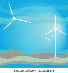 Windturbinen in der ruhigen Landschaft. Flache Vektorgrafik erneuerbarer grüner Energie. Kopiert Platz.
