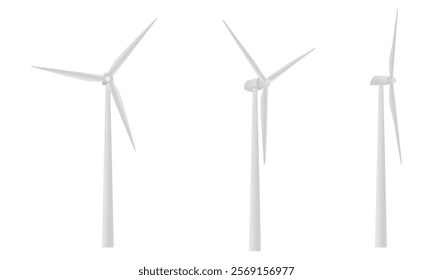 wind turbines set with different view, vector illustration isolated on white background.