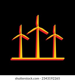 Wind turbines sign. 3D Extruded Yellow Icon with Red Sides a Black background. Illustration.
